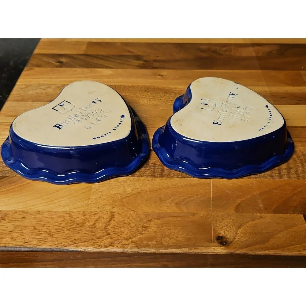 Set Of 2 Emile Henry Fluted Edge Heart Shaped Blue & White Baking Dishes #6149